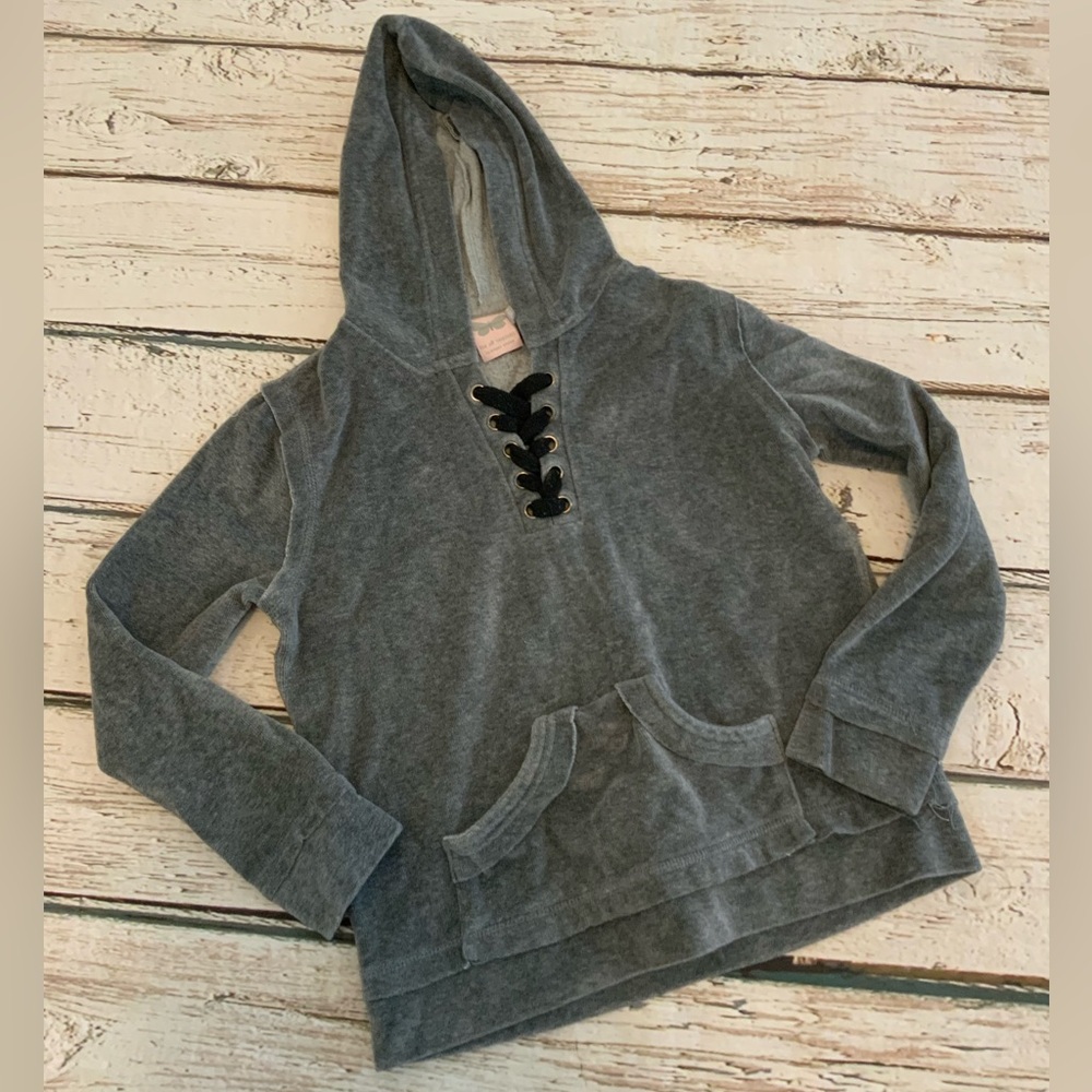 Grey Velvet Hoodie Lace Up‎ Neck Pullover Kangaroo Pocket Small S Y2K Cozy Soft